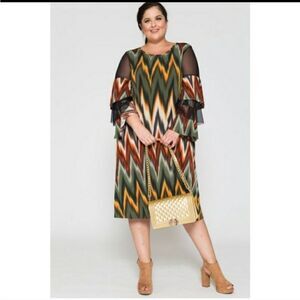 Chevron Print Round Neck Ruffle Sleeve Plus Size Dress Sz 1x2x3x